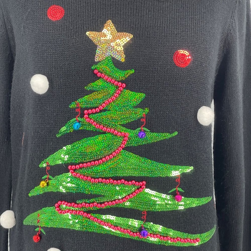 Holiday Time Sequin Christmas Tree Sweater L Ugly X-Mas Pullover Bells Pom Poms - Picture 2 of 10
